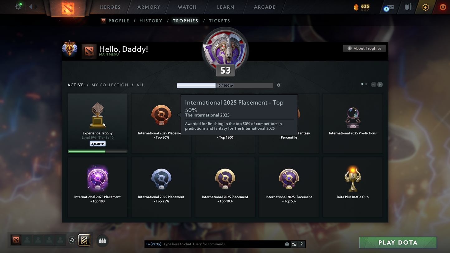 Immortal | MMR: 5842 - Behavior Score: 8395 | 4 Arcanas: Windranger, Lina, Legion, Juggernaut | Many Immortals Inside | Mainpool | Full Access | Trophy Level: 53