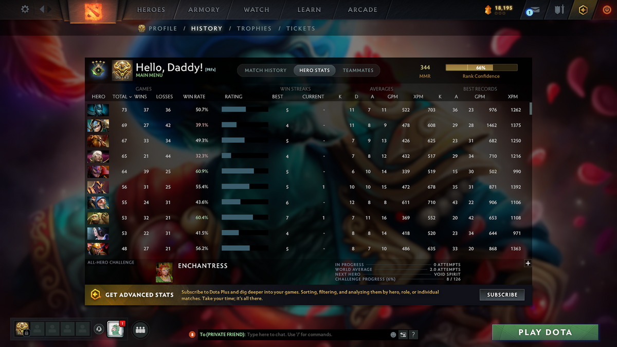 Herald IV | MMR: 344 - Behavior Score: 7651 | 5564 Hours Played | Legion Commander Arcana | Crystal Maiden Latest Persona | Recent Cache Sets | Many Immortals Inside | Mainpool | Trophy Level: 241 | Full Access