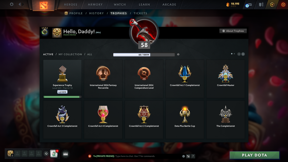 Herald IV | MMR: 344 - Behavior Score: 7651 | 5564 Hours Played | Legion Commander Arcana | Crystal Maiden Latest Persona | Recent Cache Sets | Many Immortals Inside | Mainpool | Trophy Level: 241 | Full Access