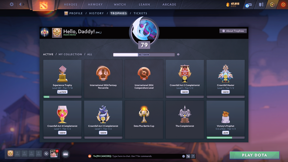 Legend I | MMR: 3108 - Behavior: 8795 | 3 Arcanas: Phantom Assassin, Legion Commander, Terrorblade | Many Cache Sets Inside | Many Immortals | Full Access | Mainpool | Trophy Level: 287+