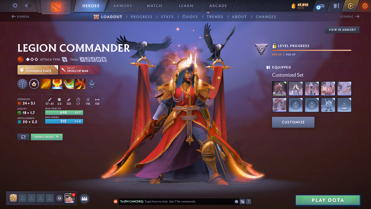 Legend I | MMR: 3108 - Behavior: 8795 | 3 Arcanas: Phantom Assassin, Legion Commander, Terrorblade | Many Cache Sets Inside | Many Immortals | Full Access | Mainpool | Trophy Level: 287+