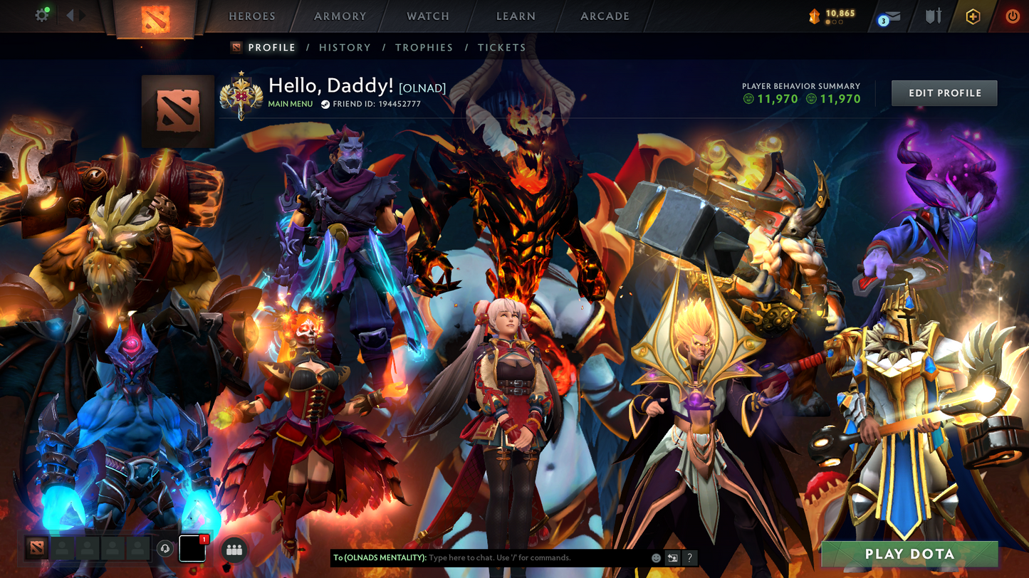 Legend I | MMR: 3074 - Behavior Score: 11970 | Shadow Fiend Arcana | Rare Cache Anti Mage | Many Immortals Inside | Mainpool | Trophy Level: 68 | Full Access