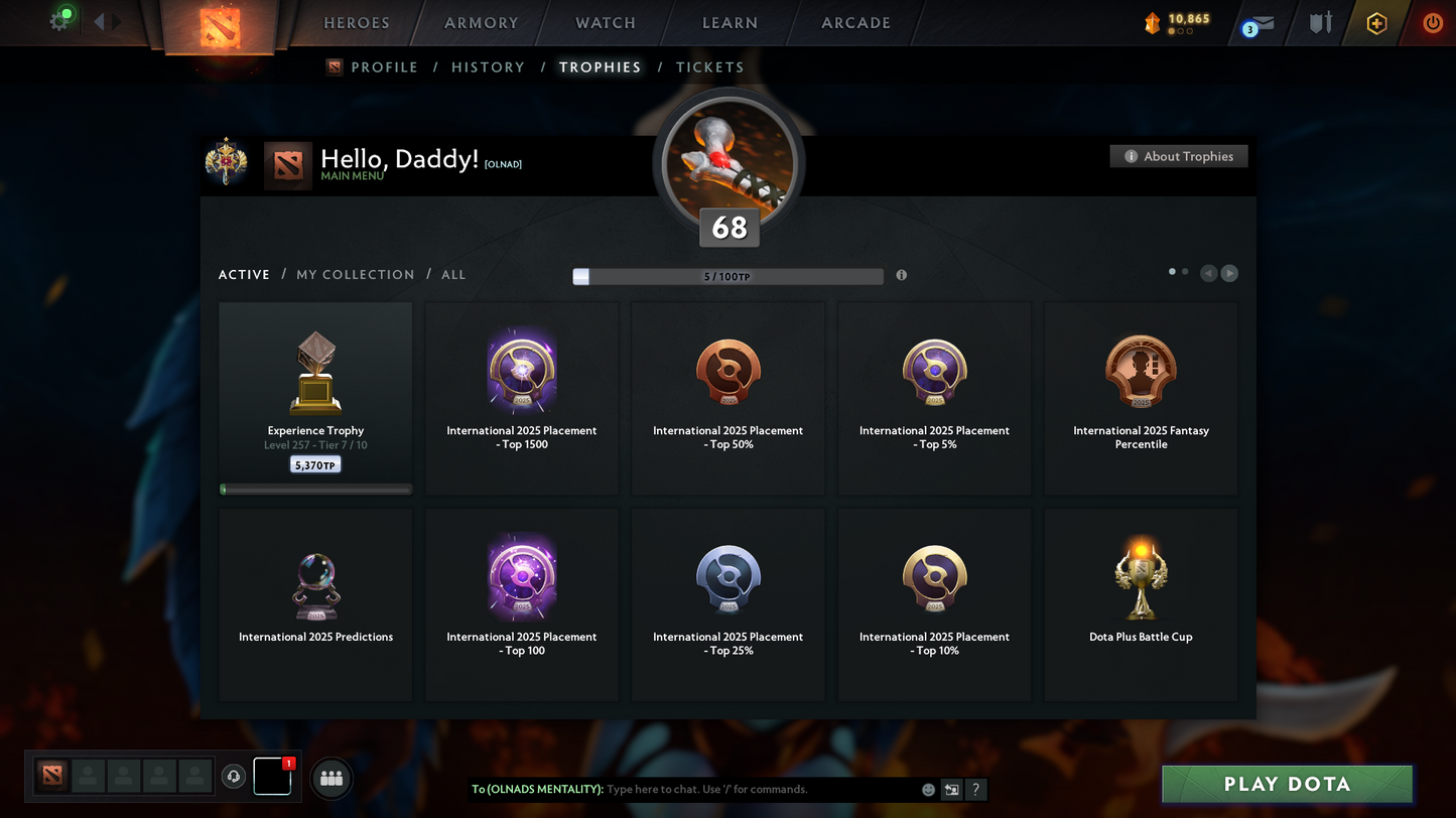 Legend I | MMR: 3074 - Behavior Score: 11970 | Shadow Fiend Arcana | Rare Cache Anti Mage | Many Immortals Inside | Mainpool | Trophy Level: 68 | Full Access