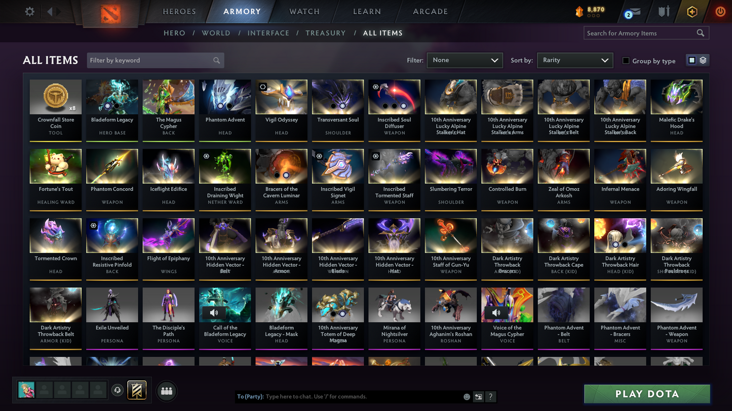 Nemestice | Arcanas: Spectre, Juggernaut, Rubick | Personas: Dark Artistry Invoker, Dragon Knight, Anti-Mage, Phantom Assassin, Mirana | Many Immortals | 11000 Behavior Score | Archon Rank | Mainpool Account | High Trophy Level | Stacked Inventory