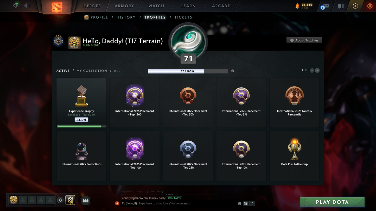 Guardian III | MMR: 1136 - Behavior Score: 12000 | 2 Arcanas: Phantom Assassin & Crystal Maiden | TI7's Reef's Edge Terrain | Many Immortals & Items Inside | Mainpool | Trophy Level: 233 | Full Access