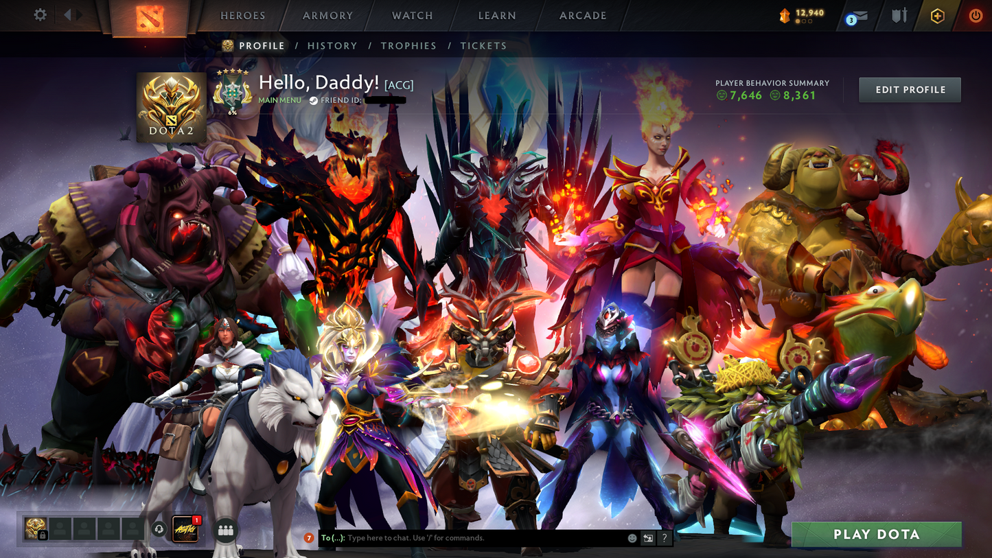 Archon V | MMR: 2936 - Behavior: 8361 | 5 Arcanas: Lina, Pudge, Shadow Fiend, Ogre Magi & Terrorblade | Complete 10th Anniversary Sets | 4336 Hours Played | Mainpool | Trophy Level: 384 | Many Exclusive Sets & Immortals Inside | Full Access