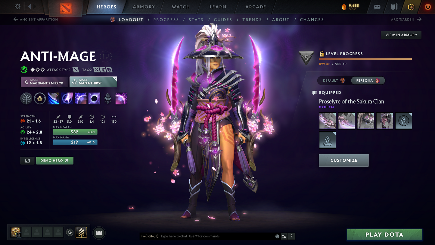 Legend I | MMR: 2466 - Behavior Score: 11650 | Shadow Fiend Arcana | Anti Mage, Phantom Assassin & Mirana Personas | Latest Cache Sets | Complete 10th Anniversary Sets | 3,241 Matches Played | Mainpool | Trophy Level: 298 | Full Access