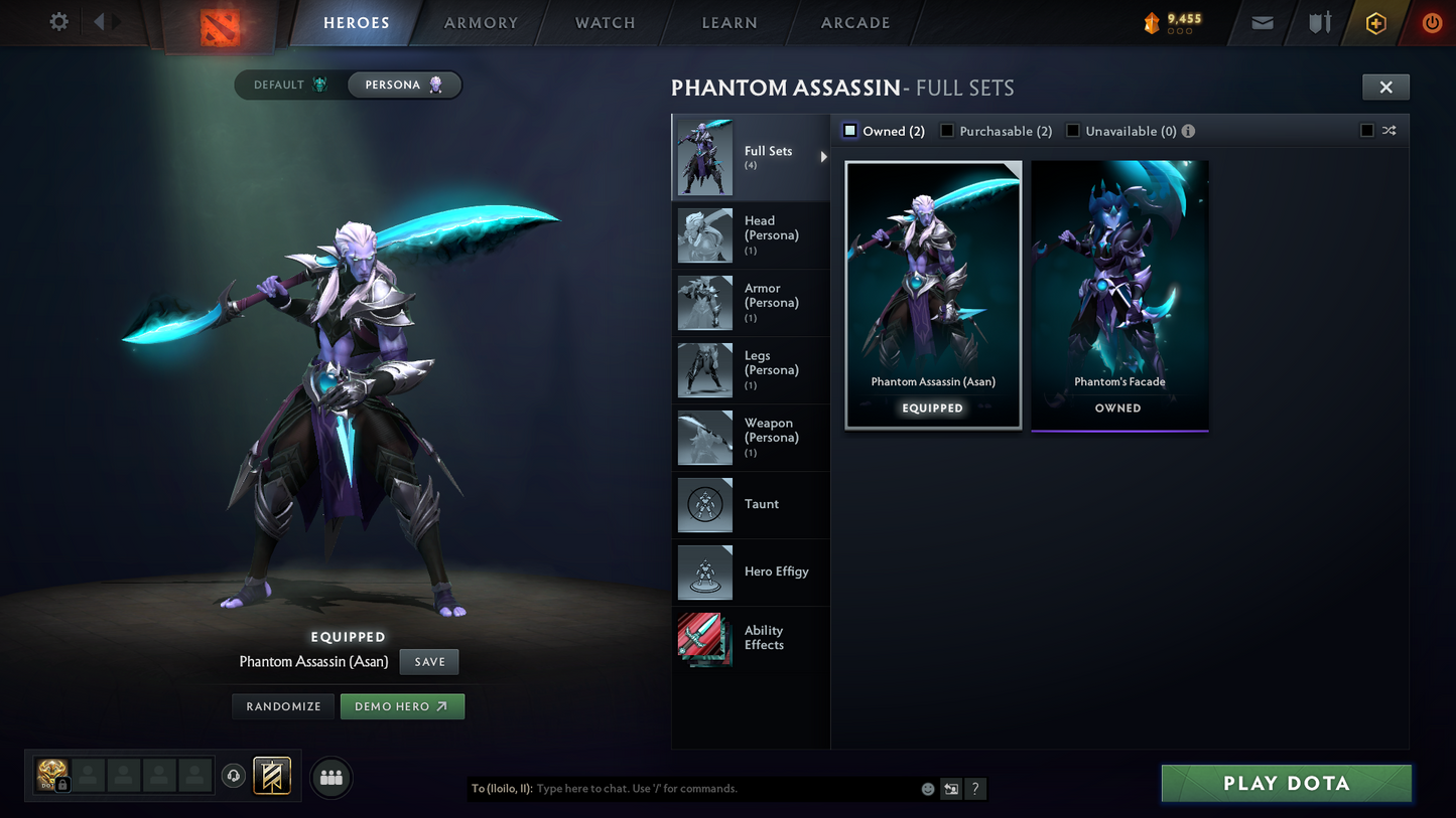 Legend I | MMR: 2466 - Behavior Score: 11650 | Shadow Fiend Arcana | Anti Mage, Phantom Assassin & Mirana Personas | Latest Cache Sets | Complete 10th Anniversary Sets | 3,241 Matches Played | Mainpool | Trophy Level: 298 | Full Access