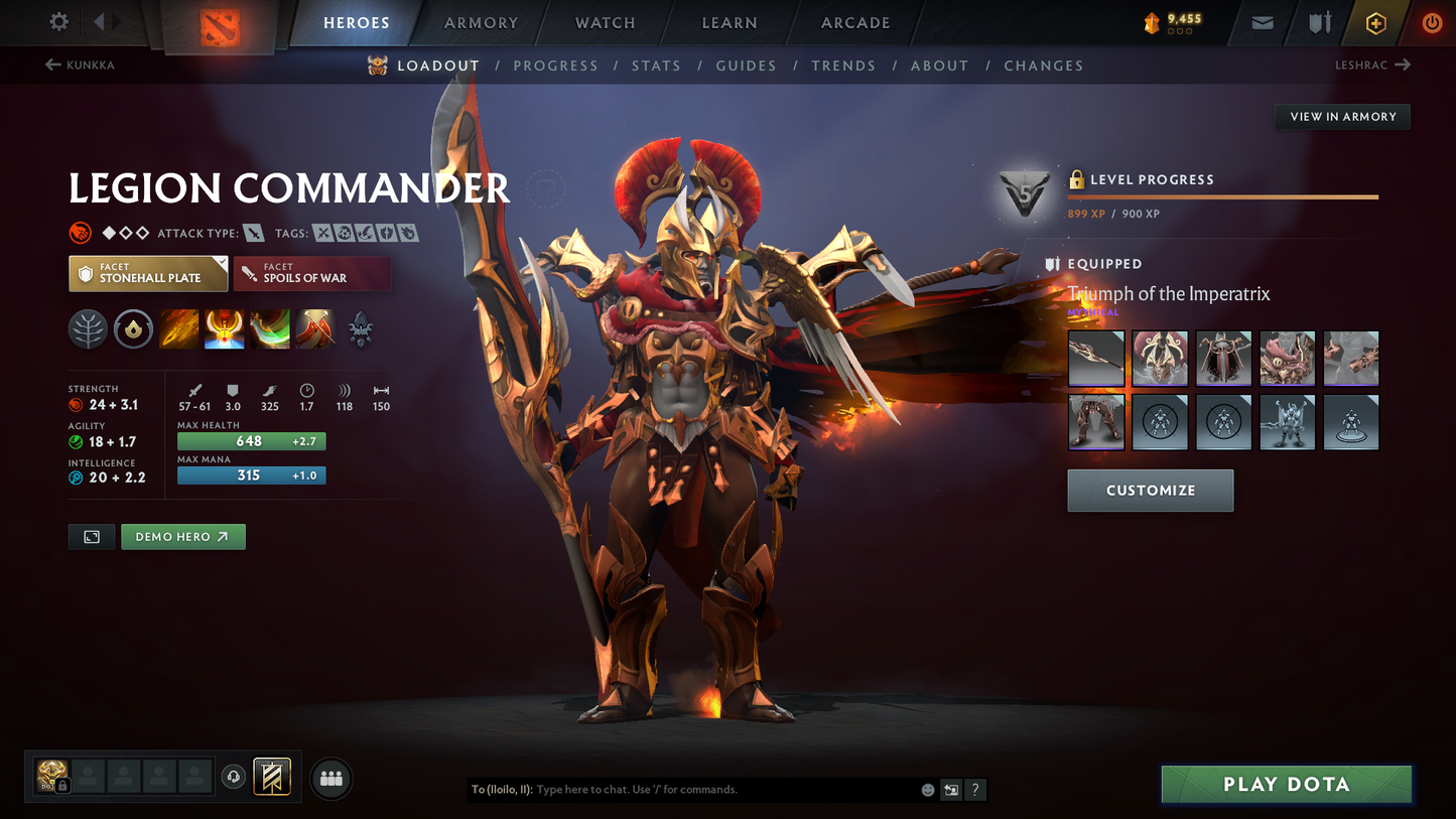 Legend I | MMR: 2466 - Behavior Score: 11650 | Shadow Fiend Arcana | Anti Mage, Phantom Assassin & Mirana Personas | Latest Cache Sets | Complete 10th Anniversary Sets | 3,241 Matches Played | Mainpool | Trophy Level: 298 | Full Access