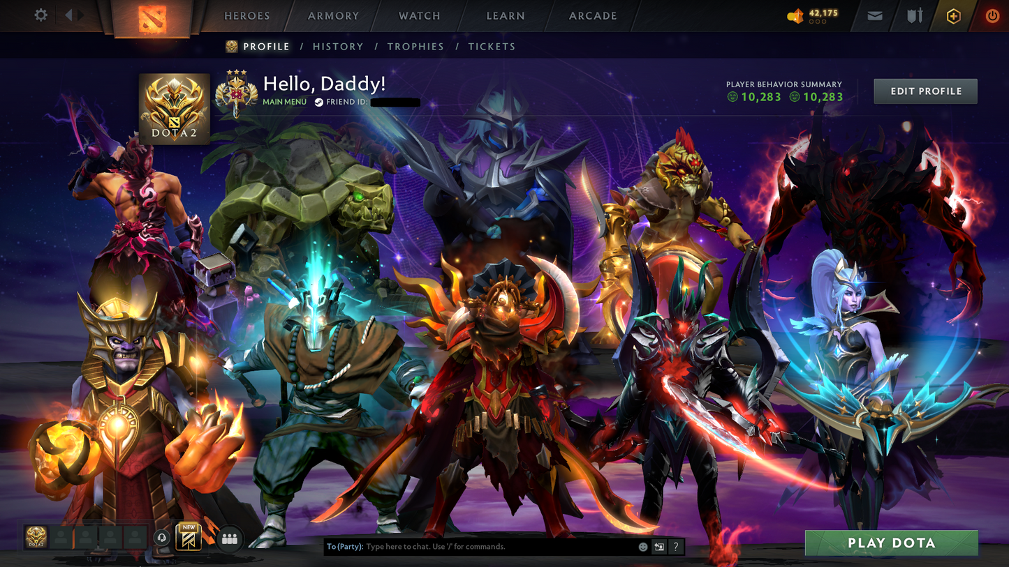 Legend III | MMR: 3346 | Behavior Score: 10283 | 3 Arcanas: Legion Commander, Juggernaut, Terrorblade | Sven's Latest Cache Set | Many Exclusive Items | Mainpool | Trophy Level: 171 | Full Access