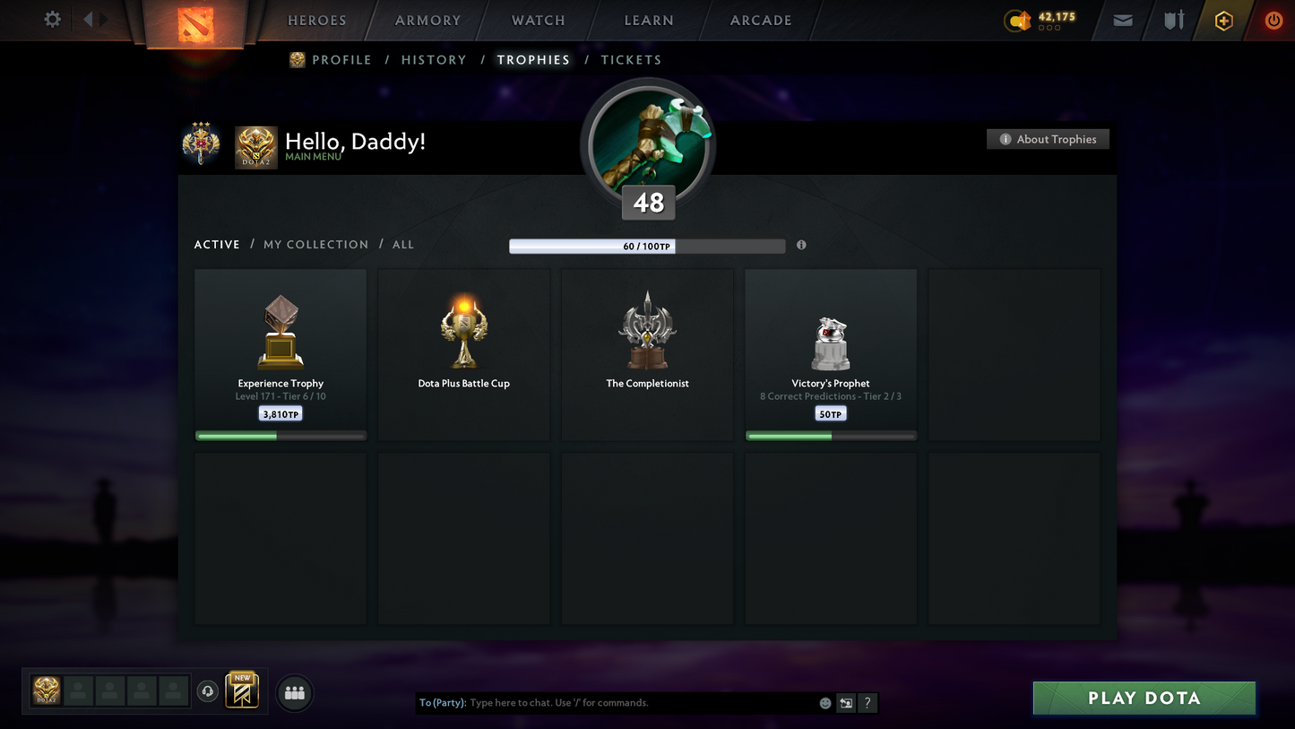 Legend III | MMR: 3346 | Behavior Score: 10283 | 3 Arcanas: Legion Commander, Juggernaut, Terrorblade | Sven's Latest Cache Set | Many Exclusive Items | Mainpool | Trophy Level: 171 | Full Access