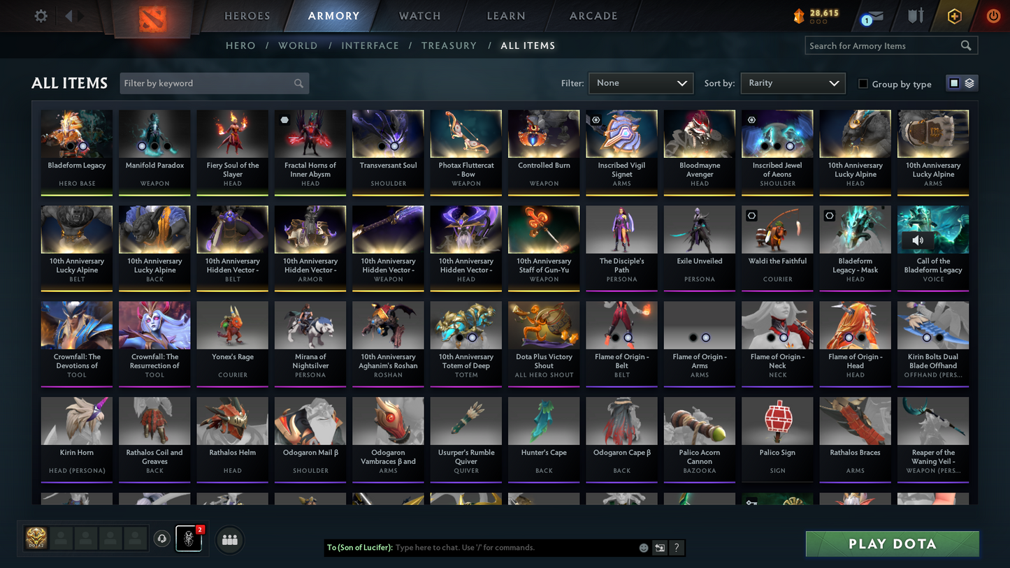 Immortal | MMR: 5828 | Behavior: 12000 | 4 Arcanas: Phantom Assassin, Terrorblade, Juggernaut & Lina | 3 Personas: PA, Mirana & AM | Rare & Expensive Cache Sets | Mainpool | High Trophy Level | 2805 Hours Played