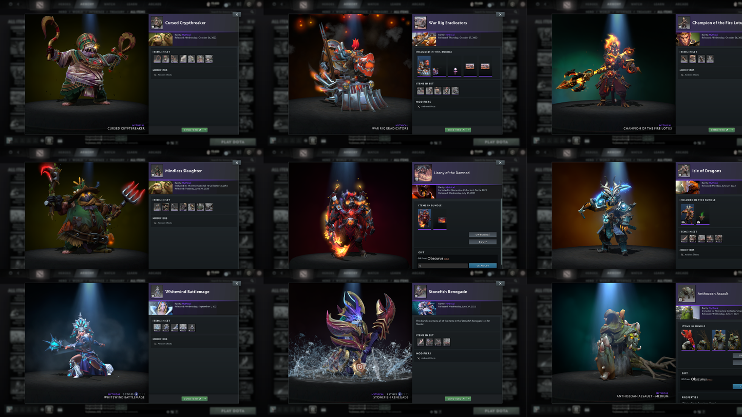 BATTLEPASS: TI8, TI9, TI10, TI11, NEMESTICE, AGHANIM - SEE DESCRIPTION! - DROW, ES, WK, QOP, WR, SPECTRE ARCANAS + LION'S GREEN HAND, AXE & TINY PRESTIGE | CACHES WORTH $1000+ | ALL PERSONAS | TERRAINS | SPECIAL COLLECTOR'S ACCOUNT
