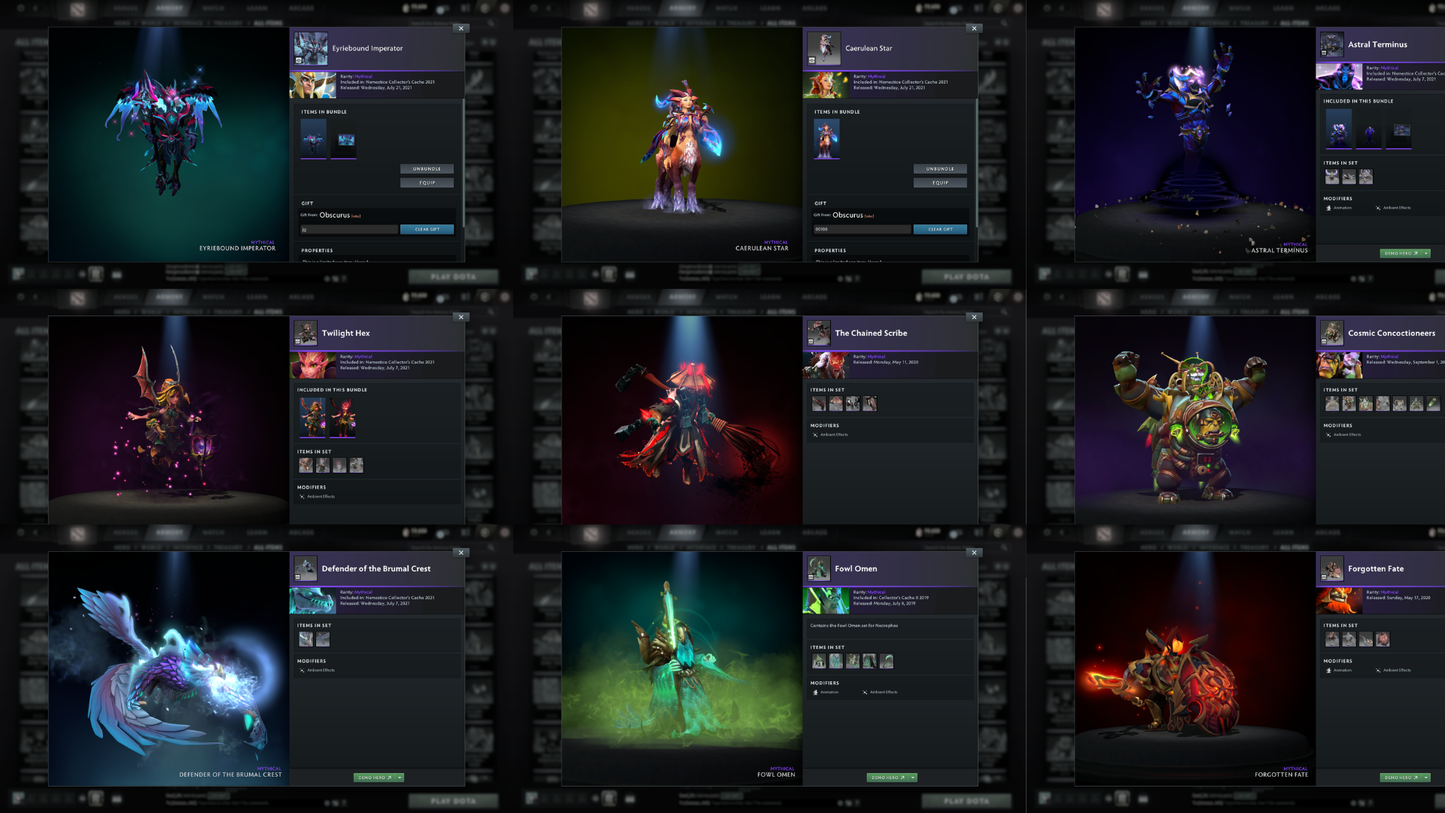 BATTLEPASS: TI8, TI9, TI10, TI11, NEMESTICE, AGHANIM - SEE DESCRIPTION! - DROW, ES, WK, QOP, WR, SPECTRE ARCANAS + LION'S GREEN HAND, AXE & TINY PRESTIGE | CACHES WORTH $1000+ | ALL PERSONAS | TERRAINS | SPECIAL COLLECTOR'S ACCOUNT