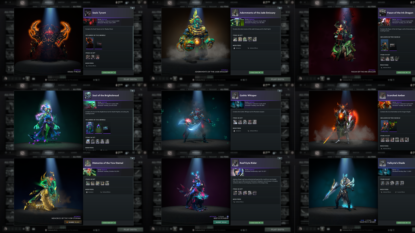 Battlepass: Aghanims, TI9 | Drow Ranger, Earthshaker, Jugg & CM Arcana | 4 Personas: Invoker, CM, AM & Mirana | Axe, Tiny & Hoodwink Prestige | Tons of Cache Sets & Items | Fully Stacked Account | 7700+ Hours Played | Complete Access