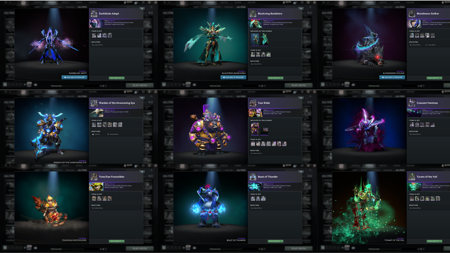 BATTLEPASS: TI8, TI9, TI10, TI11, NEMESTICE - SPECIAL COLLECTOR'S ACCOUNT - 12 ARCANAS: SPEC, ES, WK, QOP, WR, VOID, RAZOR, PA, JUGG, RUBICK, ZEUS & LINA + LION'S GREEN HAND, DARK ARTISTRY & TINY PRESTIGE | TONS OF CACHE SETS | ALL PERSONAS | TERRAINS