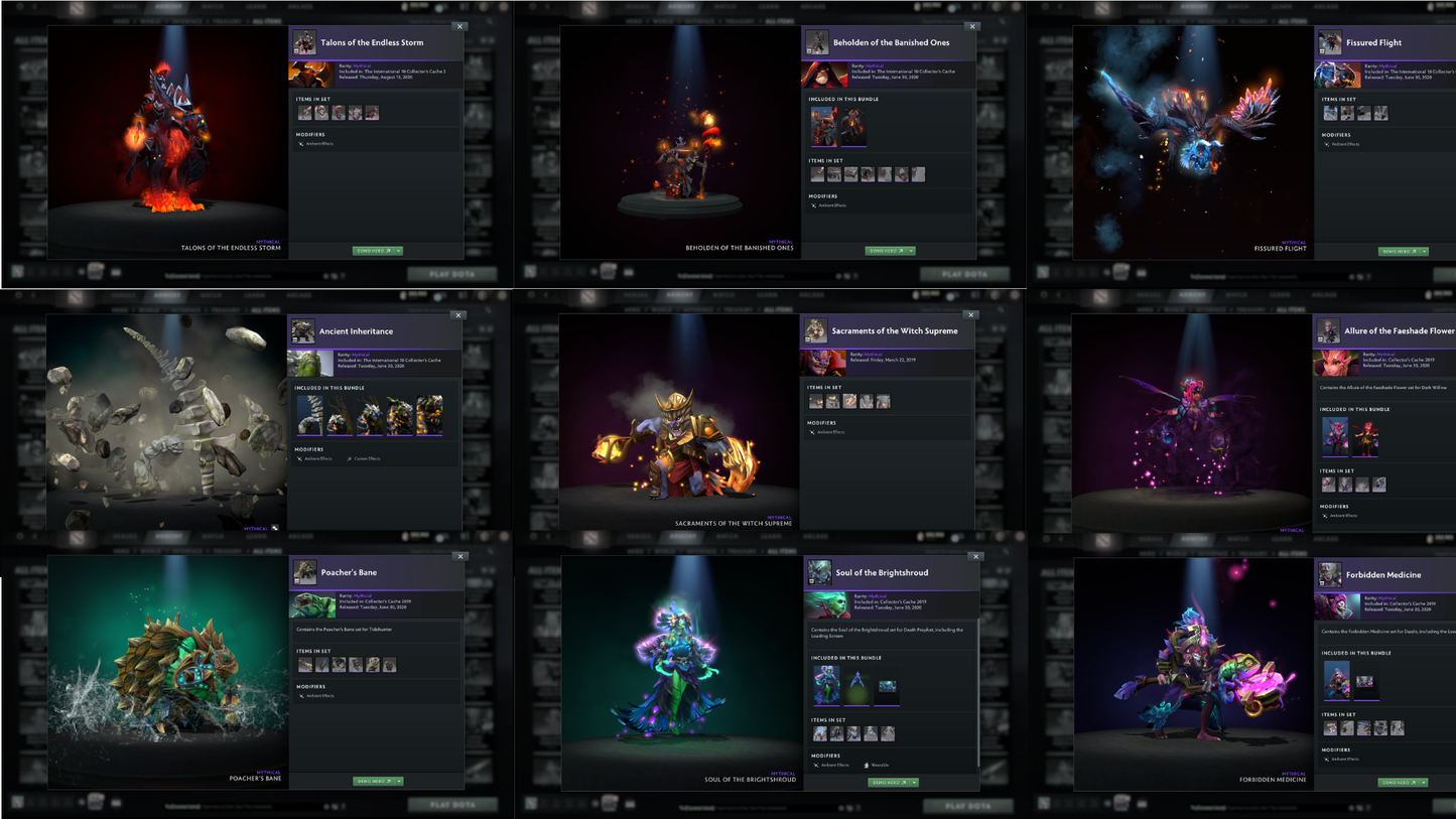 BATTLEPASS: TI8, TI9, TI10, TI11, NEMESTICE - SPECIAL COLLECTOR'S ACCOUNT - 12 ARCANAS: SPEC, ES, WK, QOP, WR, VOID, RAZOR, PA, JUGG, RUBICK, ZEUS & LINA + LION'S GREEN HAND, DARK ARTISTRY & TINY PRESTIGE | TONS OF CACHE SETS | ALL PERSONAS | TERRAINS