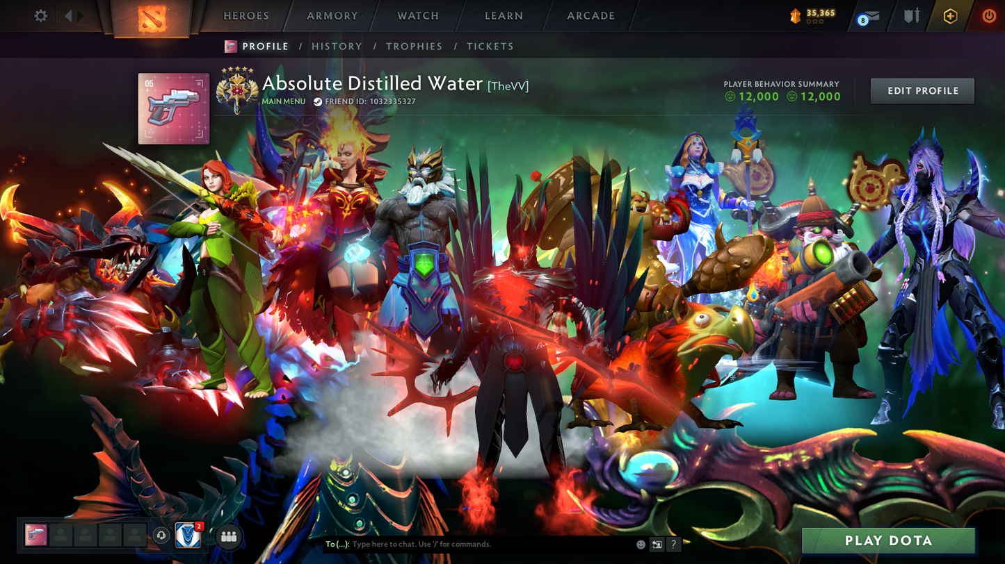 Legend V | Behavior Score: 12000 | 5 Arcanas: Lina, CM, Ogre, TB, Zeus | Many Immortals | Am Persona | Mainpool | Trophy Level 50 | 1748.6 Hours | Full Access