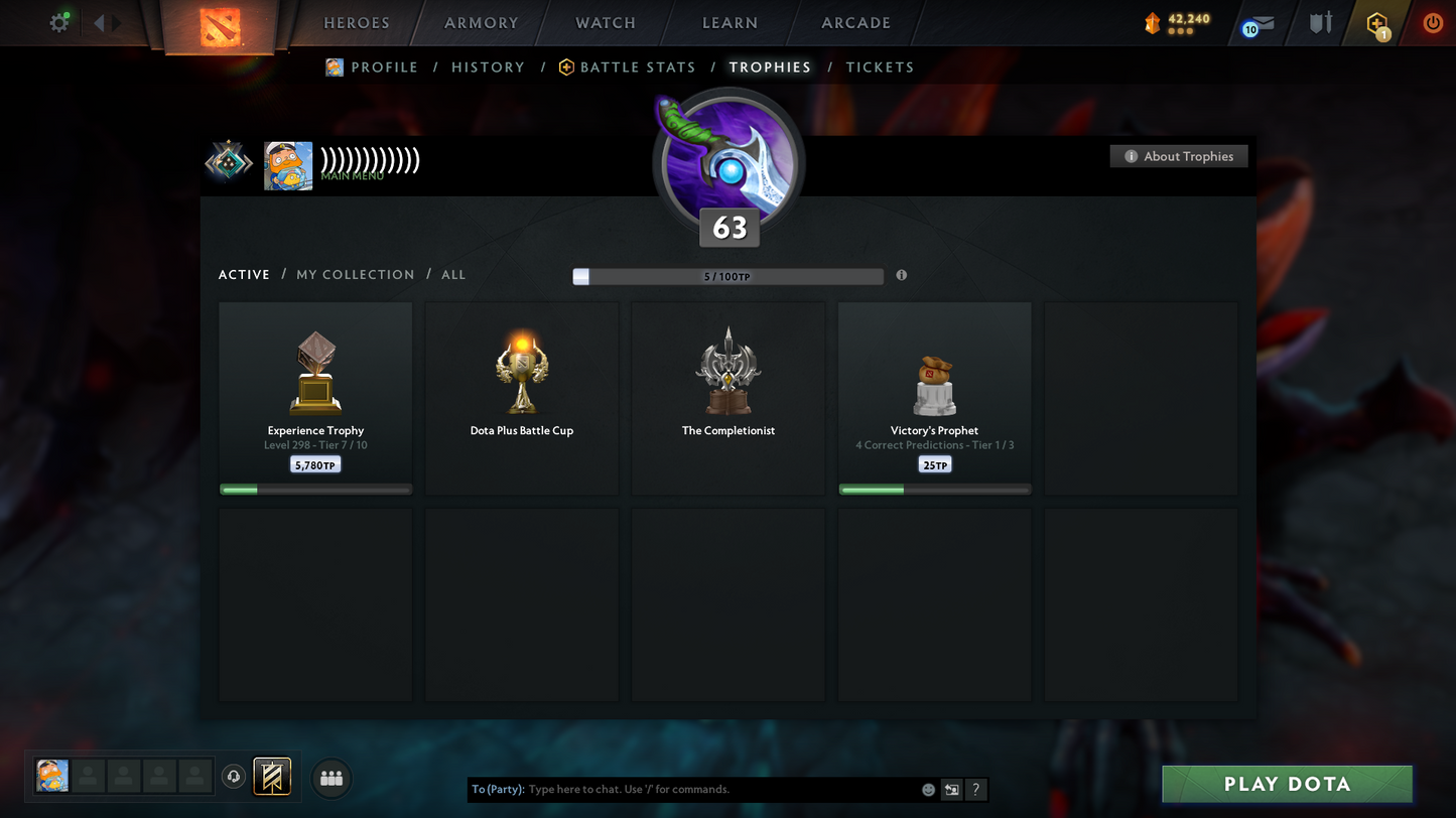 Crusader I | Behavior Score: 11084 | SF Arcana | Dota PLUS + 67 Immortals | Golden Immortals Inside | Full Access | Loaded Inventory | Mainpool Account | Trophy Level 60+