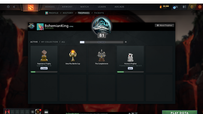 Crusader IV | Behavior Score: 12000 | 4 Arcanas: LC, TB, Lina, SF | 3 Personas: PA, CM, Mirana | Many Immortals | 81 Trophy Level | Mainpool | Full Access | Quick Que | Many Items and Sets
