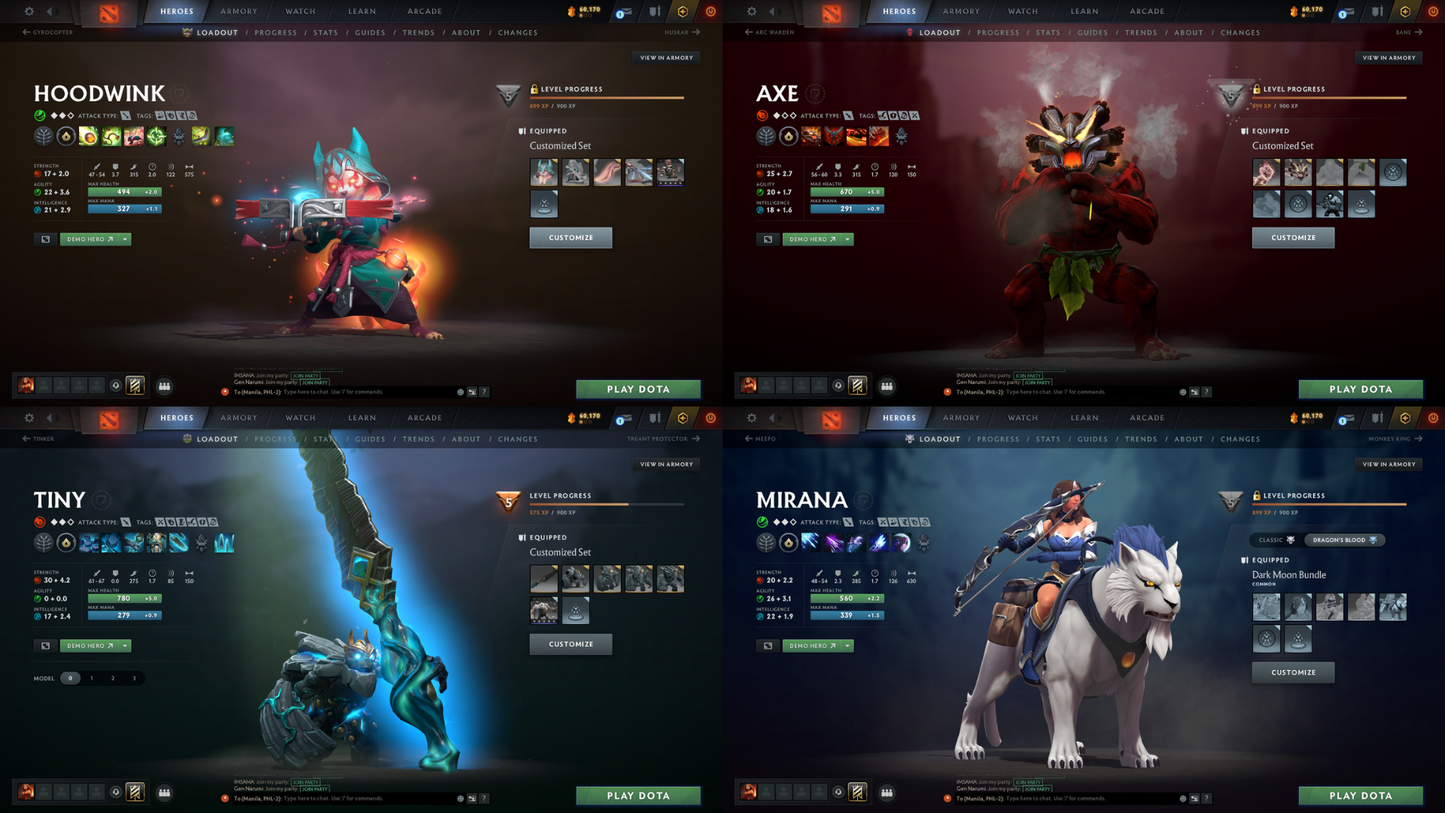Battlepass: Aghanims, TI9 | Drow Ranger, Earthshaker, Jugg & CM Arcana | 4 Personas: Invoker, CM, AM & Mirana | Axe, Tiny & Hoodwink Prestige | Tons of Cache Sets & Items | Fully Stacked Account | 7700+ Hours Played | Complete Access