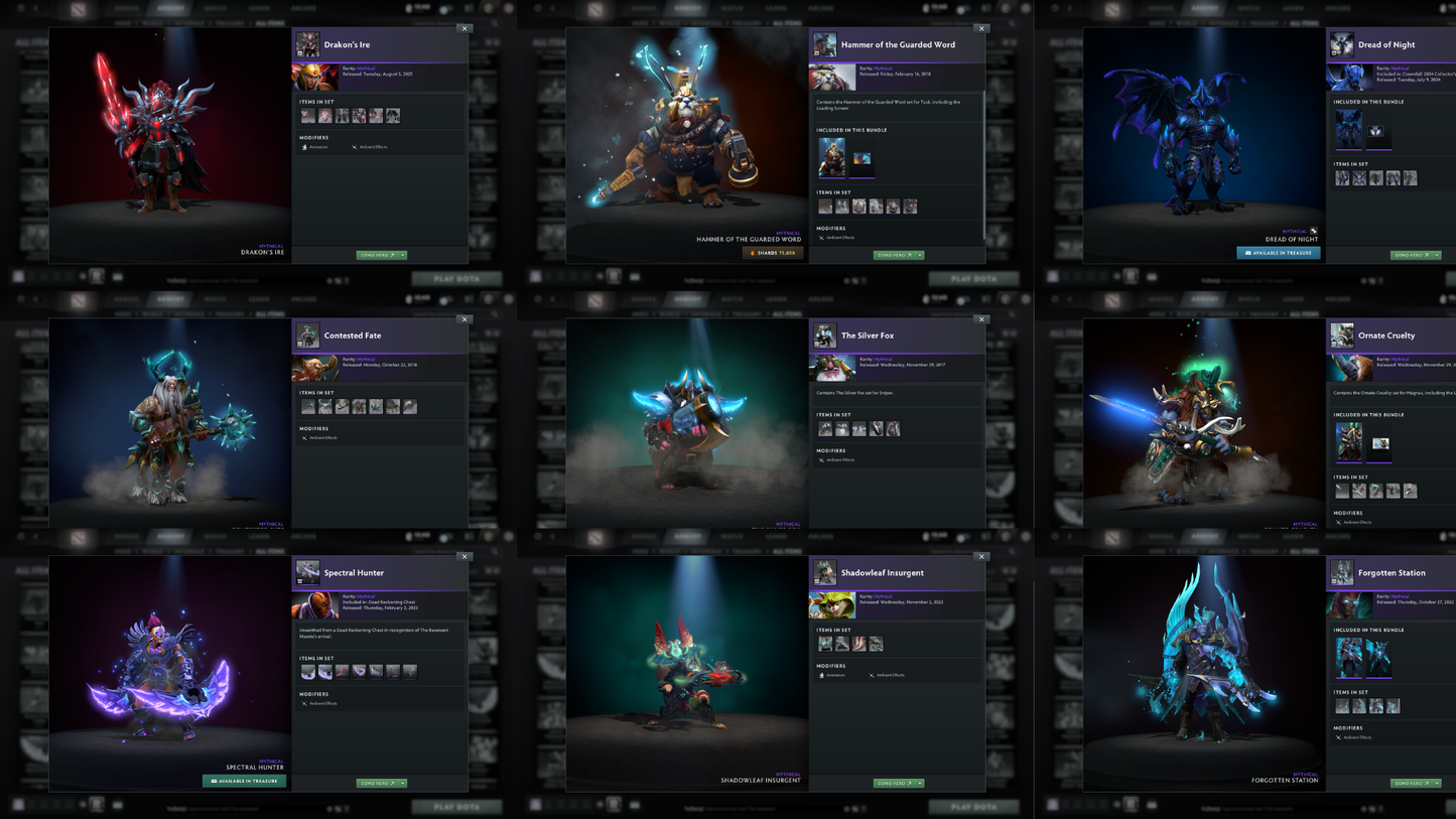 Legend I | MMR: 3148 | Behavior: 11252 | Jugg Arcana | 4 Personas: Invoker, CM, AM & Mirana | High Value Cache Sets | Mainpool | High Trophy Level | 3,412 Hours Played