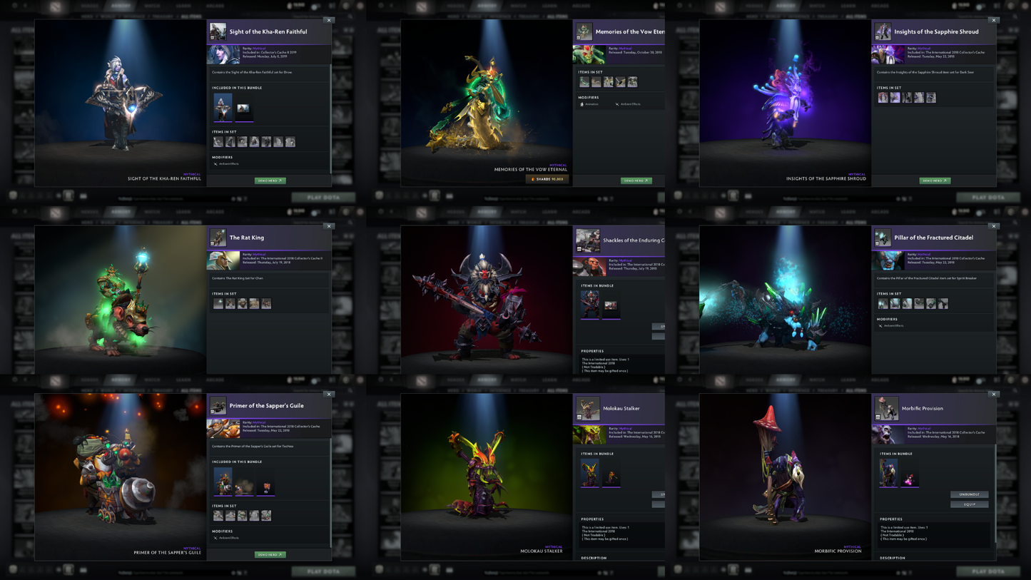 Archon I | MMR: 2322 - Behavior: 9550 | Battlepass: TI7, TI8, TI9 | Arcanas: Earthshaker, IO, Shadow Fiend | TI8 Green Immortals including Rare Lion's Hand | 3 Exclusive Terrains | Tons of Collector's Cache and Items
