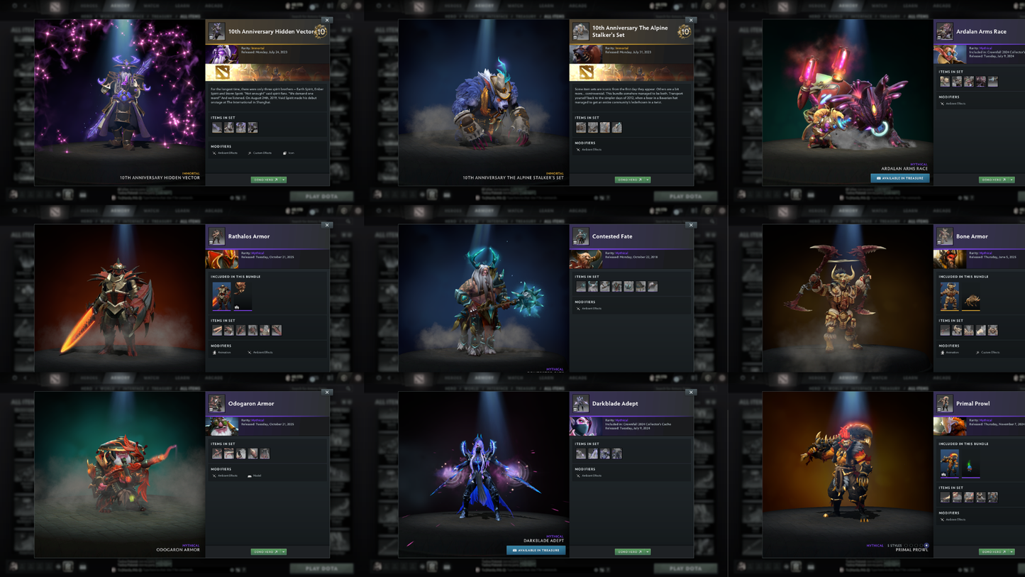 Battlepass: Aghanims, TI9 | Drow Ranger, Earthshaker, Jugg & CM Arcana | 4 Personas: Invoker, CM, AM & Mirana | Axe, Tiny & Hoodwink Prestige | Tons of Cache Sets & Items | Fully Stacked Account | 7700+ Hours Played | Complete Access