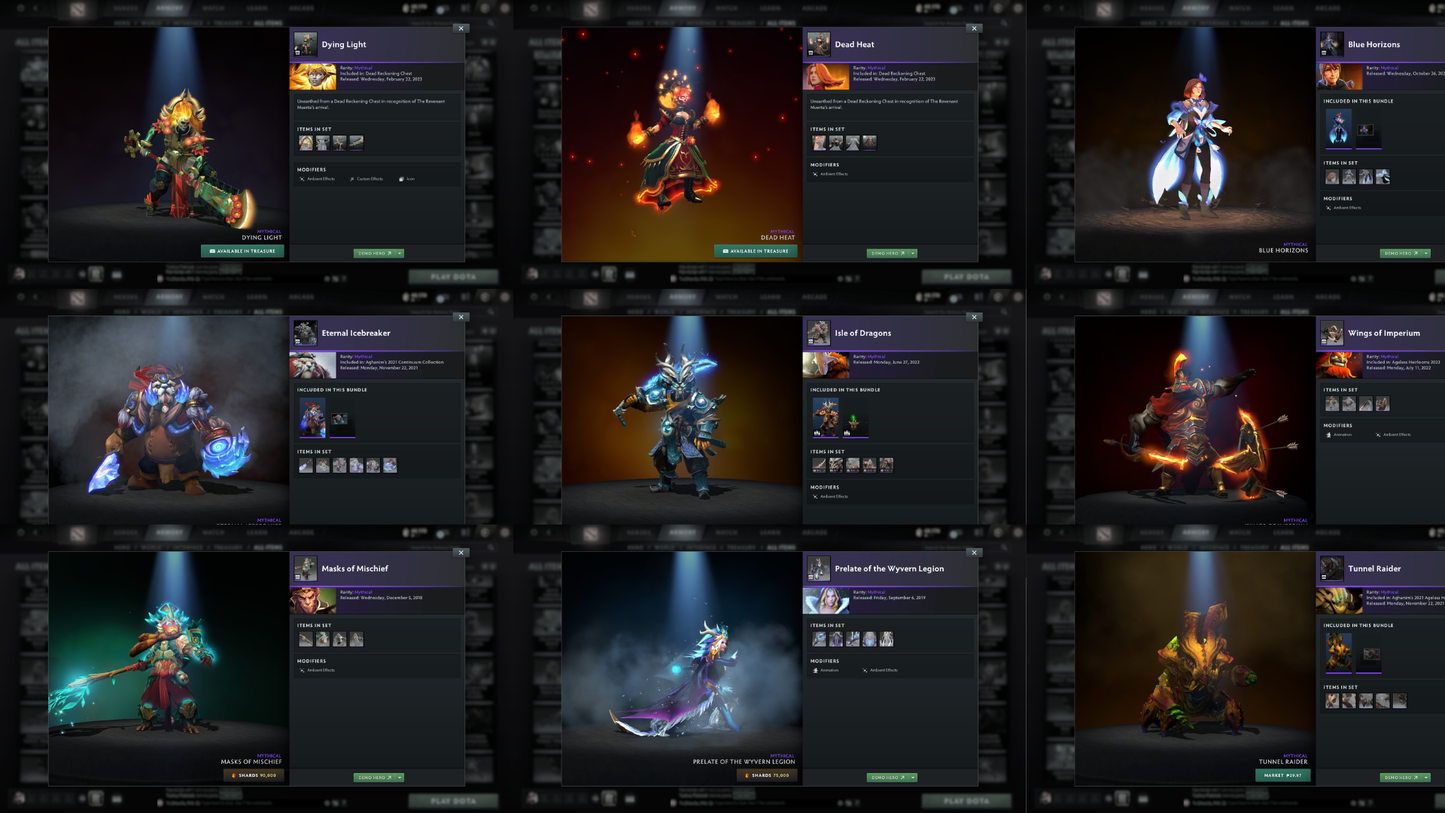 Battlepass: Aghanims, TI9 | Drow Ranger, Earthshaker, Jugg & CM Arcana | 4 Personas: Invoker, CM, AM & Mirana | Axe, Tiny & Hoodwink Prestige | Tons of Cache Sets & Items | Fully Stacked Account | 7700+ Hours Played | Complete Access