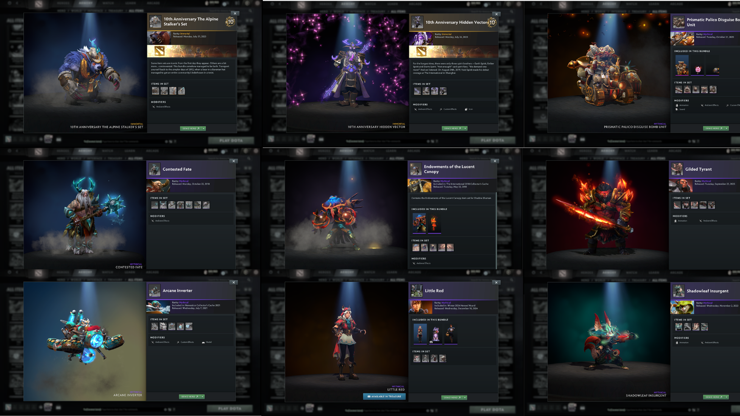 BATTLEPASS: TI8, TI9, TI10, TI11, NEMESTICE - SPECIAL COLLECTOR'S ACCOUNT - 12 ARCANAS: SPEC, ES, WK, QOP, WR, VOID, RAZOR, PA, JUGG, RUBICK, ZEUS & LINA + LION'S GREEN HAND, DARK ARTISTRY & TINY PRESTIGE | TONS OF CACHE SETS | ALL PERSONAS | TERRAINS