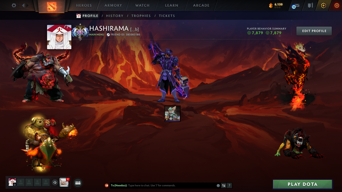 Ancient I | Behavior Score: 7879 | 3 Arcanas: Shadowfiend, Ogre, Pudge | Pudge Persona | Many Immortals | Trophy Level: 70 | Quick Que | Not Full Access