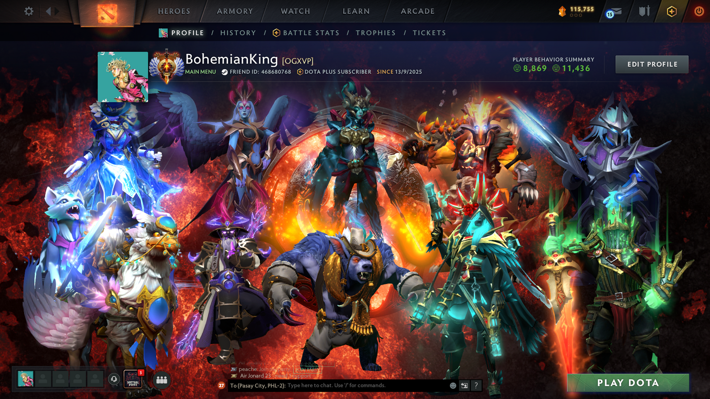 Immortal (6389) | Behavior Score: 11436 | 4 Arcanas: Vengeful, Phantom, Crystal, Jugg | PA and AM Persona | 10th Anniv | Many Immortals | Many Cache Sets | Dota Plus Subscription | Full Access