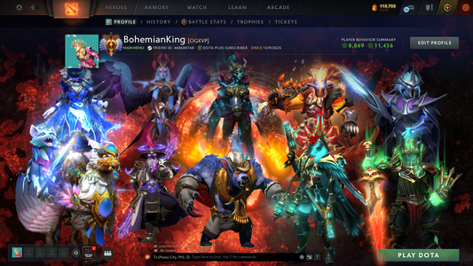 Immortal (6389) | Behavior Score: 11436 | 4 Arcanas: Vengeful, Phantom, Crystal, Jugg | PA and AM Persona | 10th Anniv | Many Immortals | Many Cache Sets | Dota Plus Subscription | Full Access