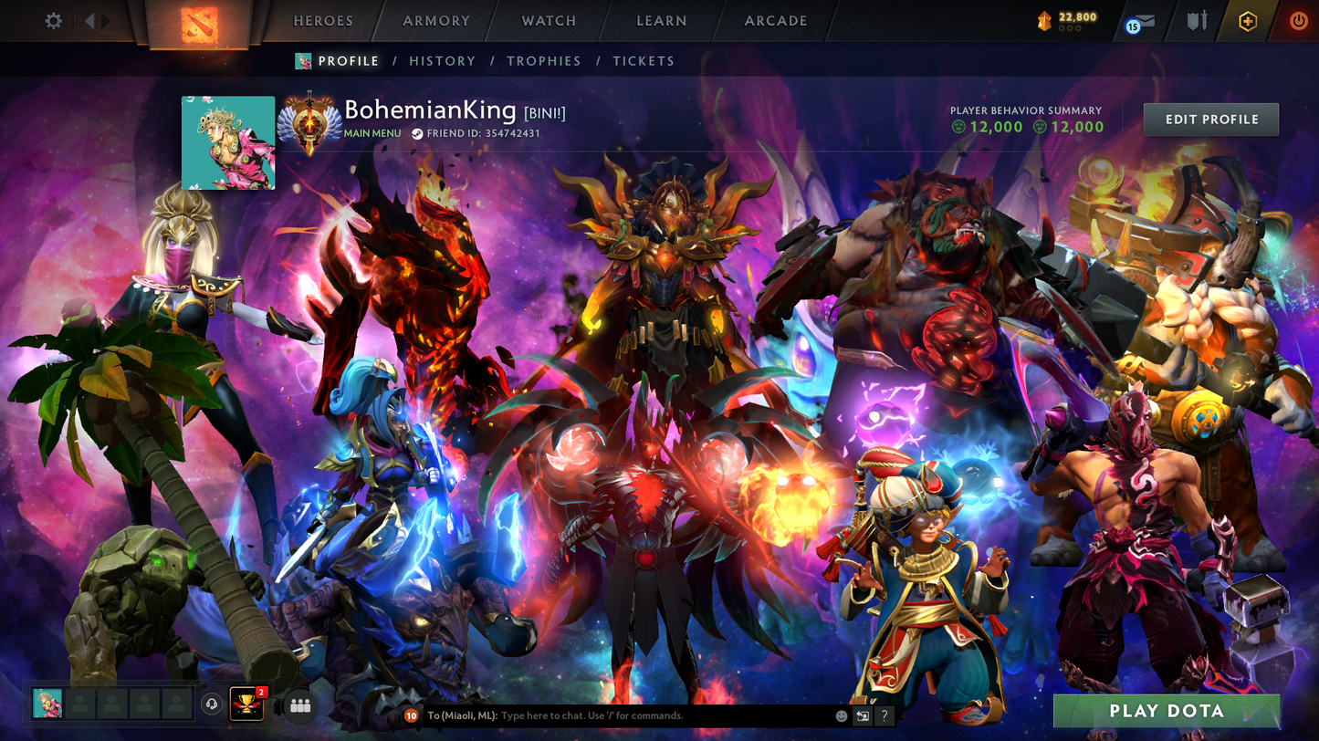 Immortal (5889) | Behavior Score: 12000 | 4 Arcanas: Sf, Tb, Pudge, Lc | Cache Inside | 49 Immortals | Trophy Level: 104 | Mainpool | Stacked Account | Full Access | Quick Que