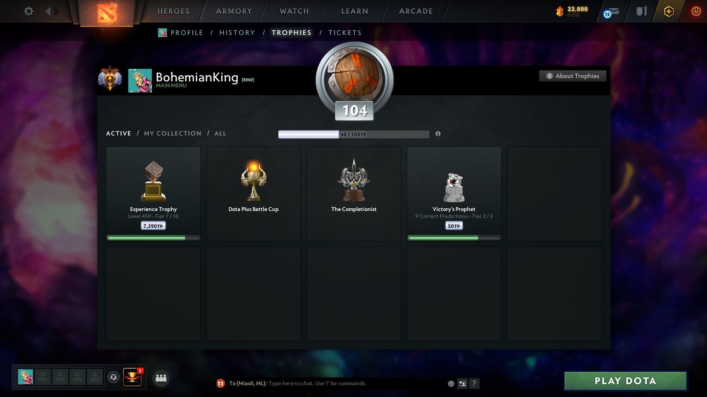 Immortal (5889) | Behavior Score: 12000 | 4 Arcanas: Sf, Tb, Pudge, Lc | Cache Inside | 49 Immortals | Trophy Level: 104 | Mainpool | Stacked Account | Full Access | Quick Que