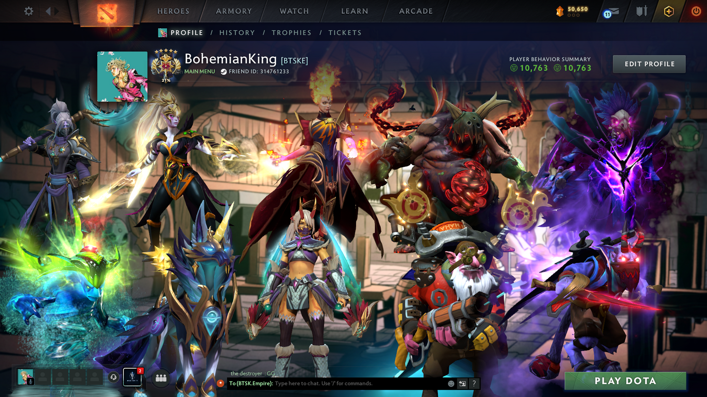 Legend V | Behavior Score: 10763 | 2 Arcanas: Pudge & Lina | 3 Personas: AM, CM, PA | Many Immortals Inside | Stacked Account | Trophy Level: 65 | Mainpool | Full Access
