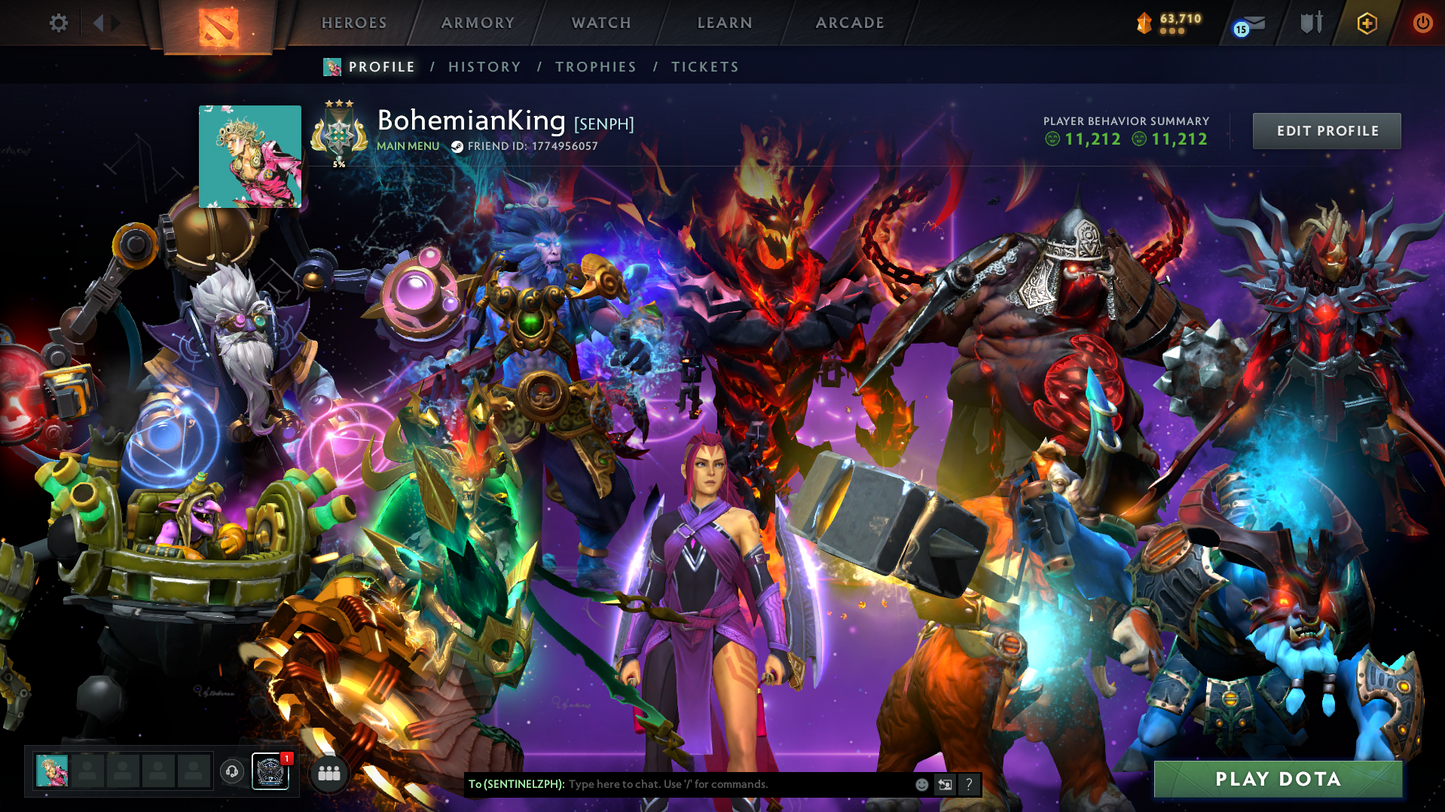 Archon III | Behavior Score: 11212 | 4 Arcanas: Pudge, LC, SF, MK | AM Persona | Many Immortals | Tinker Legendary Set | Mainpool | Trophy Level 44 | Full Access | Quick Que | Stacked Account