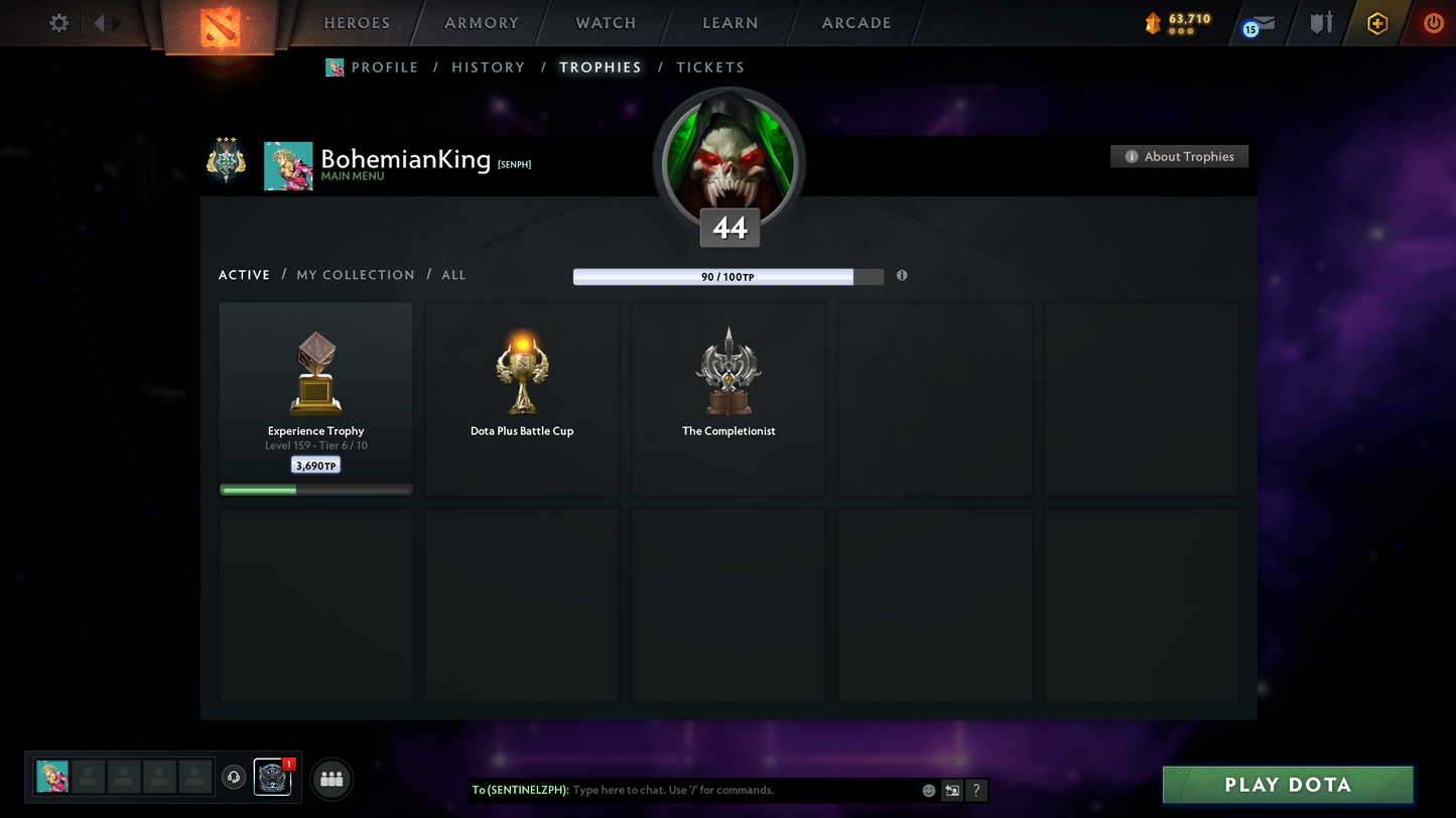 Archon III | Behavior Score: 11212 | 4 Arcanas: Pudge, LC, SF, MK | AM Persona | Many Immortals | Tinker Legendary Set | Mainpool | Trophy Level 44 | Full Access | Quick Que | Stacked Account