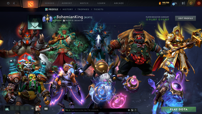 Divine I | Behavior Score: 11537 | 3 Arcanas: Pudge, Mk, PA (LVL 3) | 2 Personas: Pudge, AM | Insane Caches Inside | Many Immortals | Trophy Level: 88 | Mainpool | Full Access | Very Stacked Account
