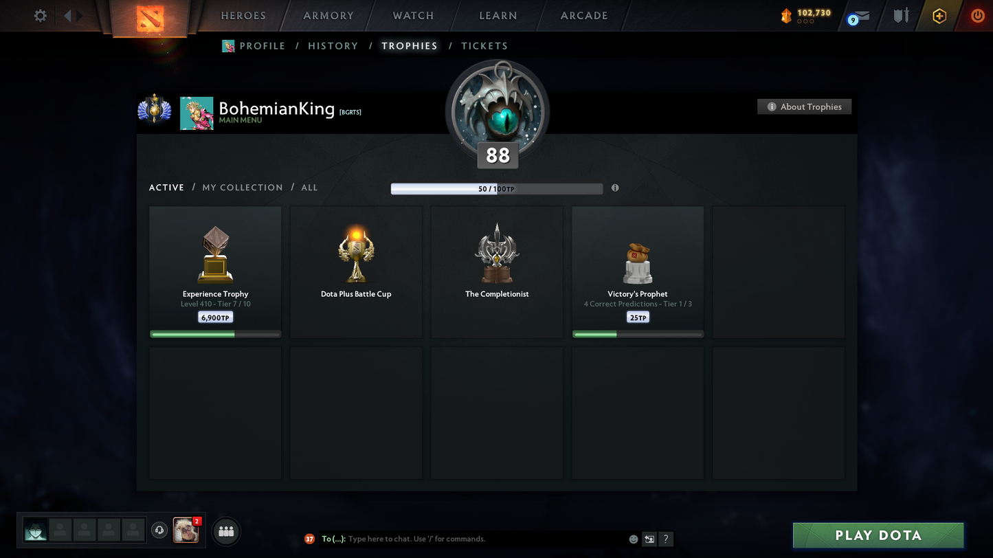 Divine I | Behavior Score: 11537 | 3 Arcanas: Pudge, Mk, PA (LVL 3) | 2 Personas: Pudge, AM | Insane Caches Inside | Many Immortals | Trophy Level: 88 | Mainpool | Full Access | Very Stacked Account