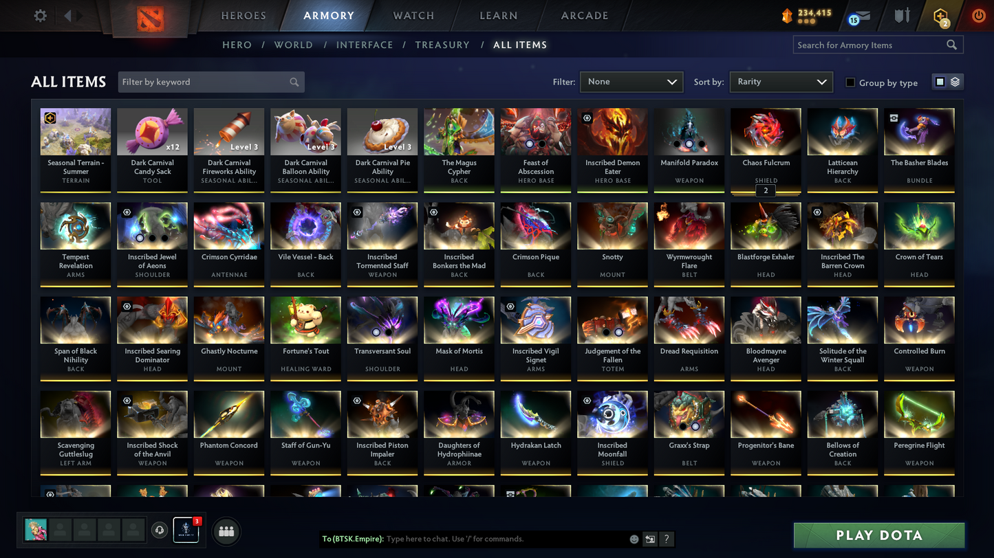 TI9 Incomplete | Arcanas: Sf, Pudge, Rubick, PA (Lvl 3) | Personas: Tiny Majesty of Colossus, PA, AM | Overgrown Empire Terrain | 54 Immortals | Fully Stacked Account | 11.9k Behavior Score | Mainpool | Fast Que