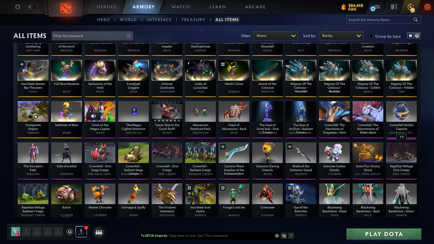 TI9 Incomplete | Arcanas: Sf, Pudge, Rubick, PA (Lvl 3) | Personas: Tiny Majesty of Colossus, PA, AM | Overgrown Empire Terrain | 54 Immortals | Fully Stacked Account | 11.9k Behavior Score | Mainpool | Fast Que