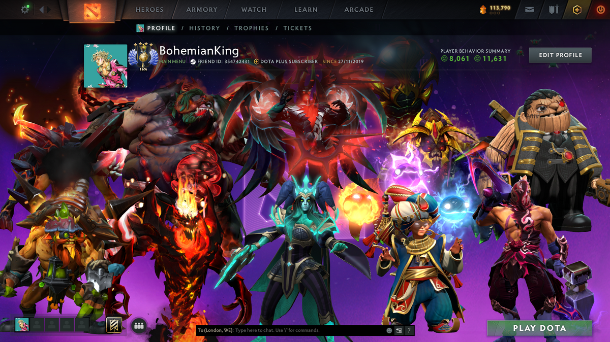 Divine IV | MMR: 5253 | Behavior Score: 11631 | 3 Arcanas: Terrorblade, Pudge, Shadowfiend | Mirana, Pudge Persona | Many Many Immortals | Mainpool | 105 Trophy Level | 10th Anniversary | Full Access