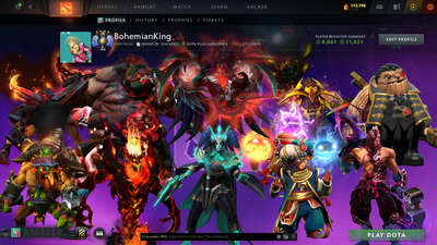 Divine IV | MMR: 5253 | Behavior Score: 11631 | 3 Arcanas: Terrorblade, Pudge, Shadowfiend | Mirana, Pudge Persona | Many Many Immortals | Mainpool | 105 Trophy Level | 10th Anniversary | Full Access
