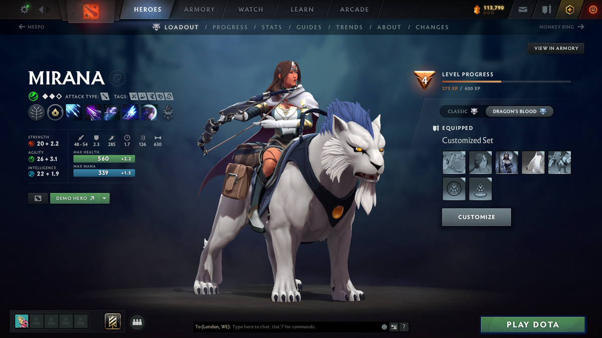 Divine IV | MMR: 5253 | Behavior Score: 11631 | 3 Arcanas: Terrorblade, Pudge, Shadowfiend | Mirana, Pudge Persona | Many Many Immortals | Mainpool | 105 Trophy Level | 10th Anniversary | Full Access