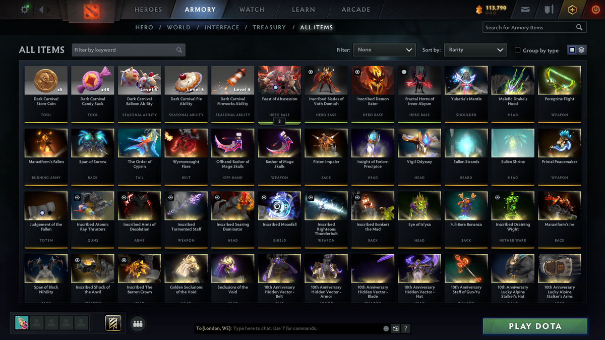 Divine IV | MMR: 5253 | Behavior Score: 11631 | 3 Arcanas: Terrorblade, Pudge, Shadowfiend | Mirana, Pudge Persona | Many Many Immortals | Mainpool | 105 Trophy Level | 10th Anniversary | Full Access