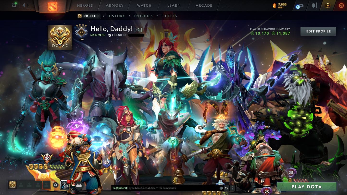 Guardian IV | MMR: 1260 - Behavior: 11087 | Battlepass: TI10, TI11 | Arcanas: Windranger, Faceless Void (Style 2), Razor | 9 Arcanas in total | 6 Personas | Level 30 Grandmaster Tier Heroes | Tons of Cache Sets & Items | Complete Access