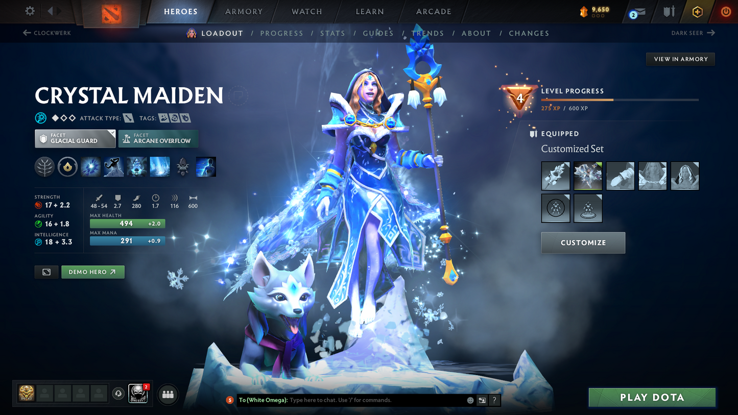Guardian V | MMR 1194 | Behavior 9416 | x31 MMR DD TOKENS | Crystal Maiden Arcana | Fully Stacked with Exclusive Sets | Trophy Level: 140 | Quick Find Match | Many Items Inside | Full Access