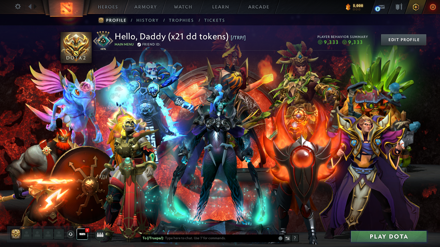Crusader V | MMR: 2230 | Behavior Score: 9333 | x21 MMR DD TOKENS | Phantom Assassin Arcana | Many Items & Immortals Inside | Mainpool | Trophy Level: 120 | Full Access