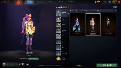 Legend I | MMR: 2466 - Behavior Score: 11650 | Shadow Fiend Arcana | Anti Mage, Phantom Assassin & Mirana Personas | Latest Cache Sets | Complete 10th Anniversary Sets | 3,241 Matches Played | Mainpool | Trophy Level: 298 | Full Access